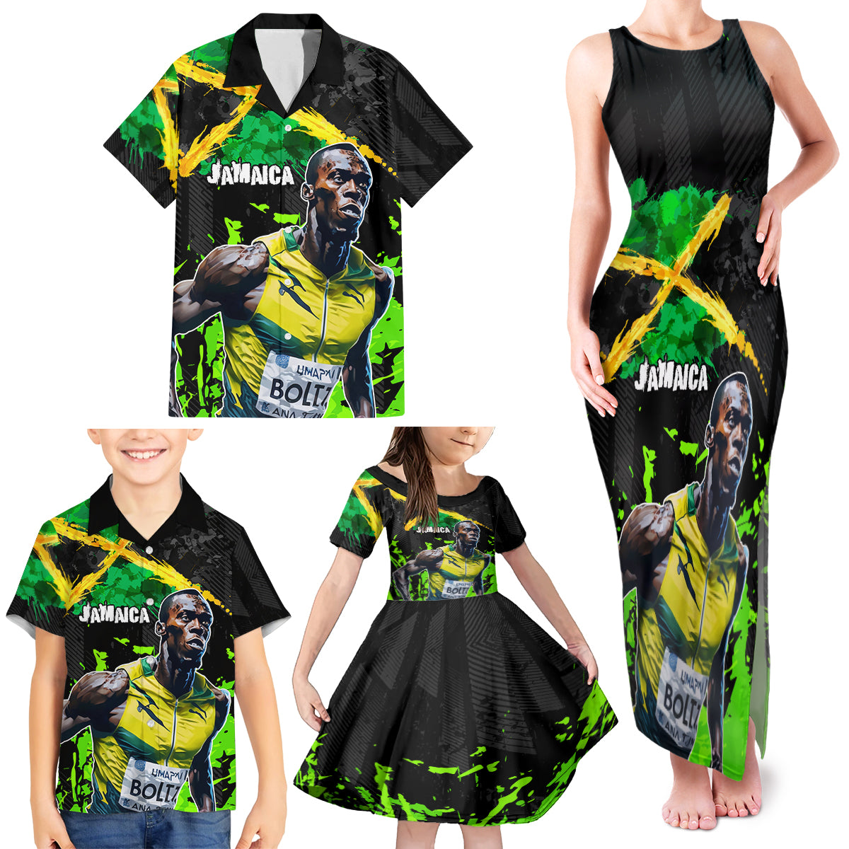 Jamaica Lightning Bolt Family Matching Tank Maxi Dress and Hawaiian Shirt Proud of Jumieka Splash Style Black Color - Wonder Print Shop