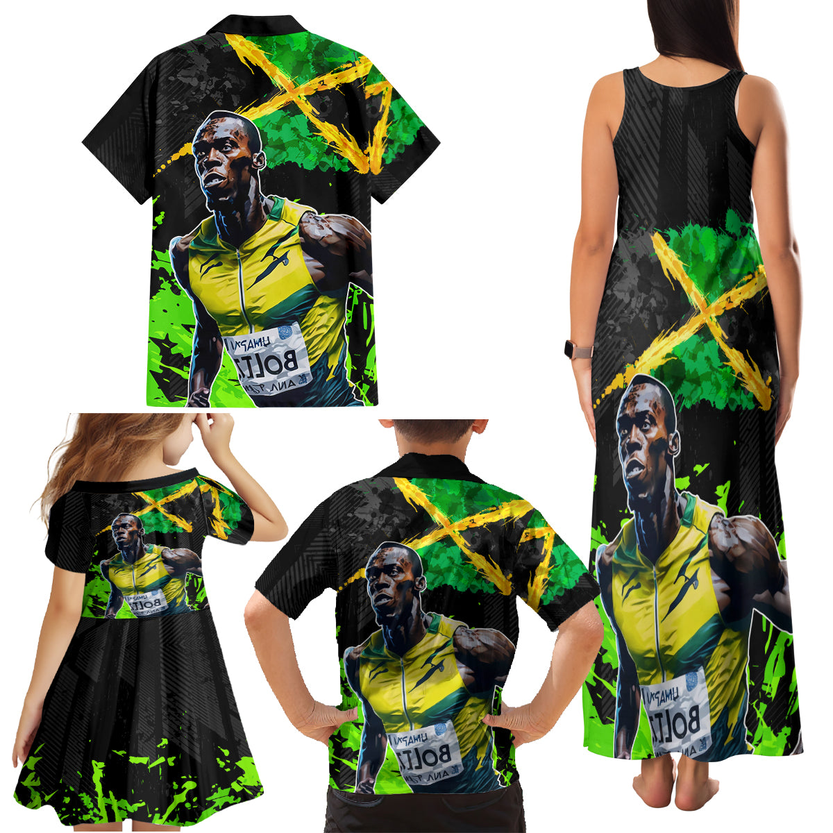 Jamaica Lightning Bolt Family Matching Tank Maxi Dress and Hawaiian Shirt Proud of Jumieka Splash Style Black Color - Wonder Print Shop