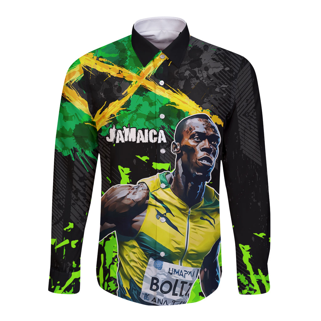 Jamaica Lightning Bolt Long Sleeve Button Shirt Proud of Jumieka Splash Style Black Color - Wonder Print Shop