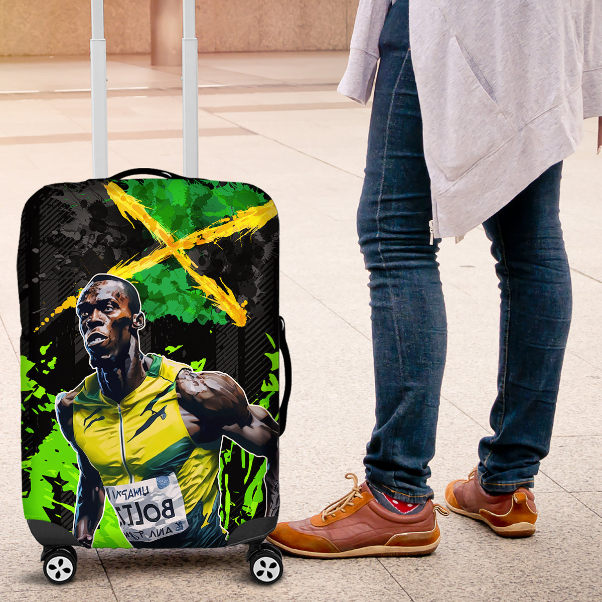 Jamaica Lightning Bolt Luggage Cover Proud of Jumieka Splash Style Black Color - Wonder Print Shop