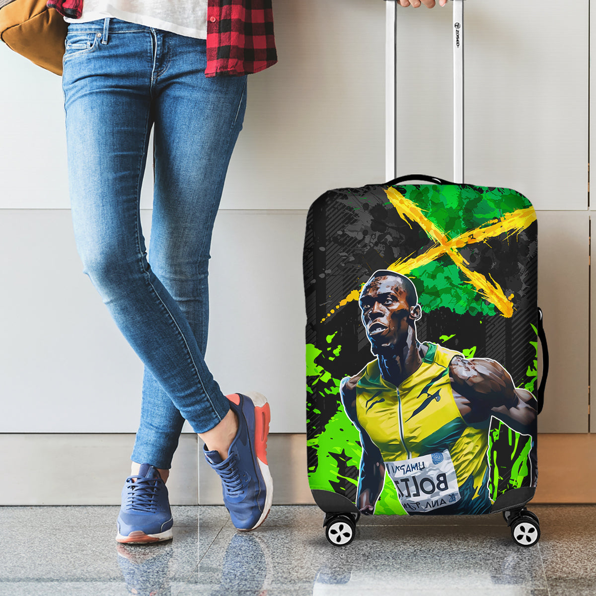 Jamaica Lightning Bolt Luggage Cover Proud of Jumieka Splash Style Black Color - Wonder Print Shop