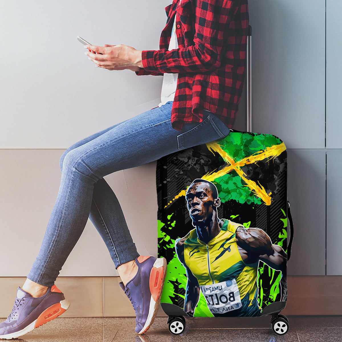 Jamaica Lightning Bolt Luggage Cover Proud of Jumieka Splash Style Black Color - Wonder Print Shop