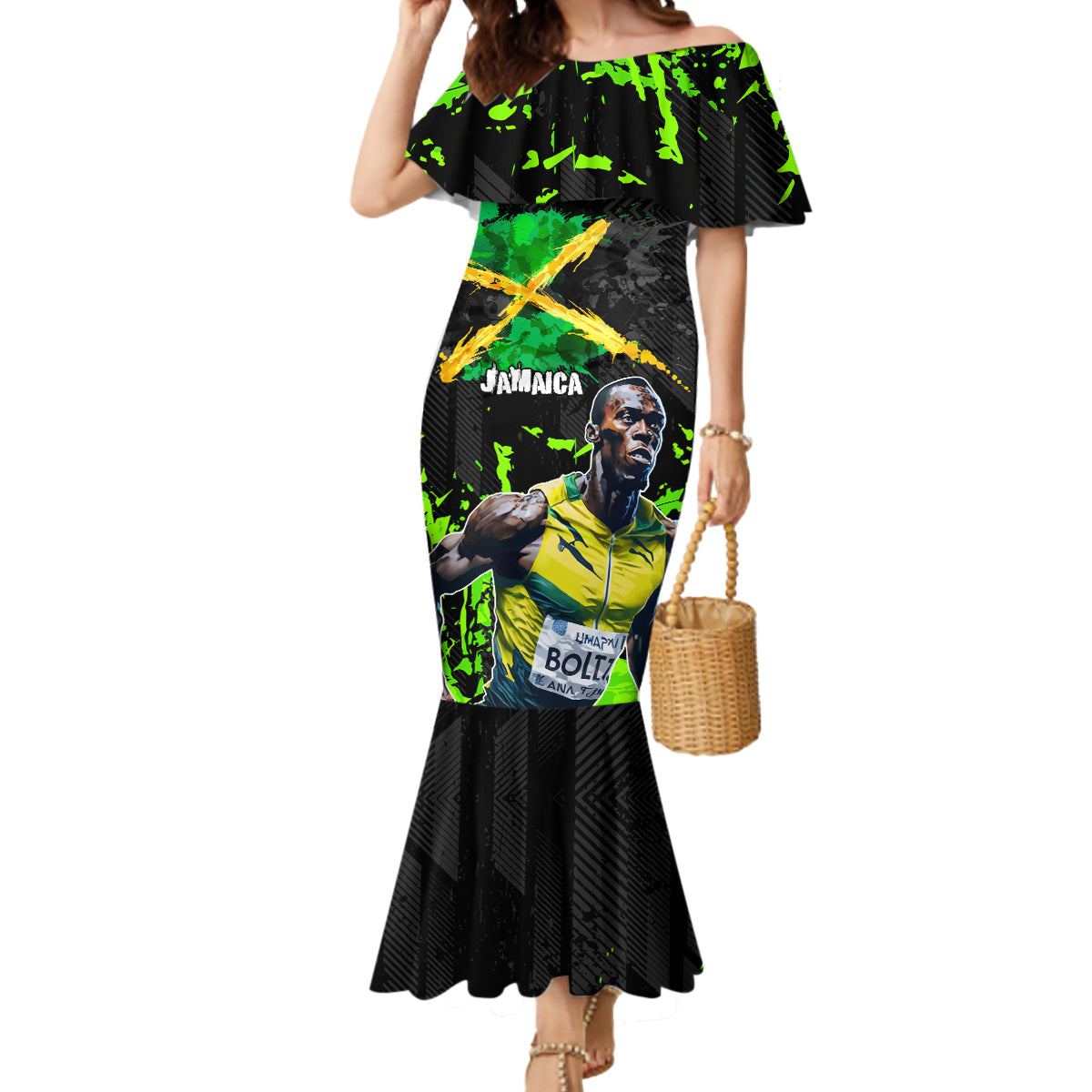 Jamaica Lightning Bolt Mermaid Dress Proud of Jumieka Splash Style Black Color - Wonder Print Shop