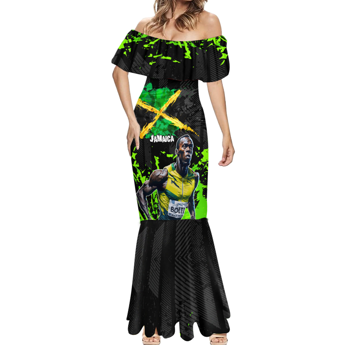 Jamaica Lightning Bolt Mermaid Dress Proud of Jumieka Splash Style Black Color - Wonder Print Shop