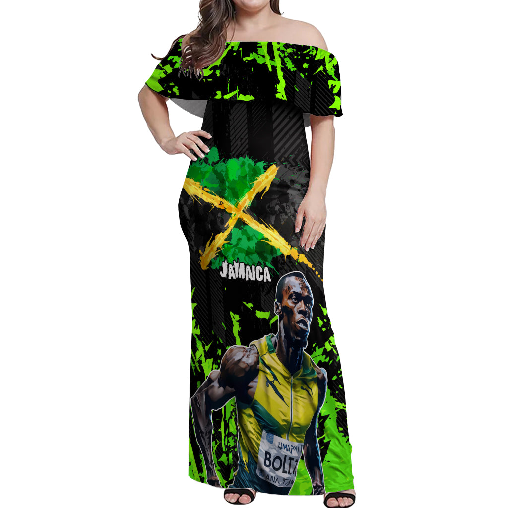 Jamaica Lightning Bolt Off Shoulder Maxi Dress Proud of Jumieka Splash Style Black Color - Wonder Print Shop