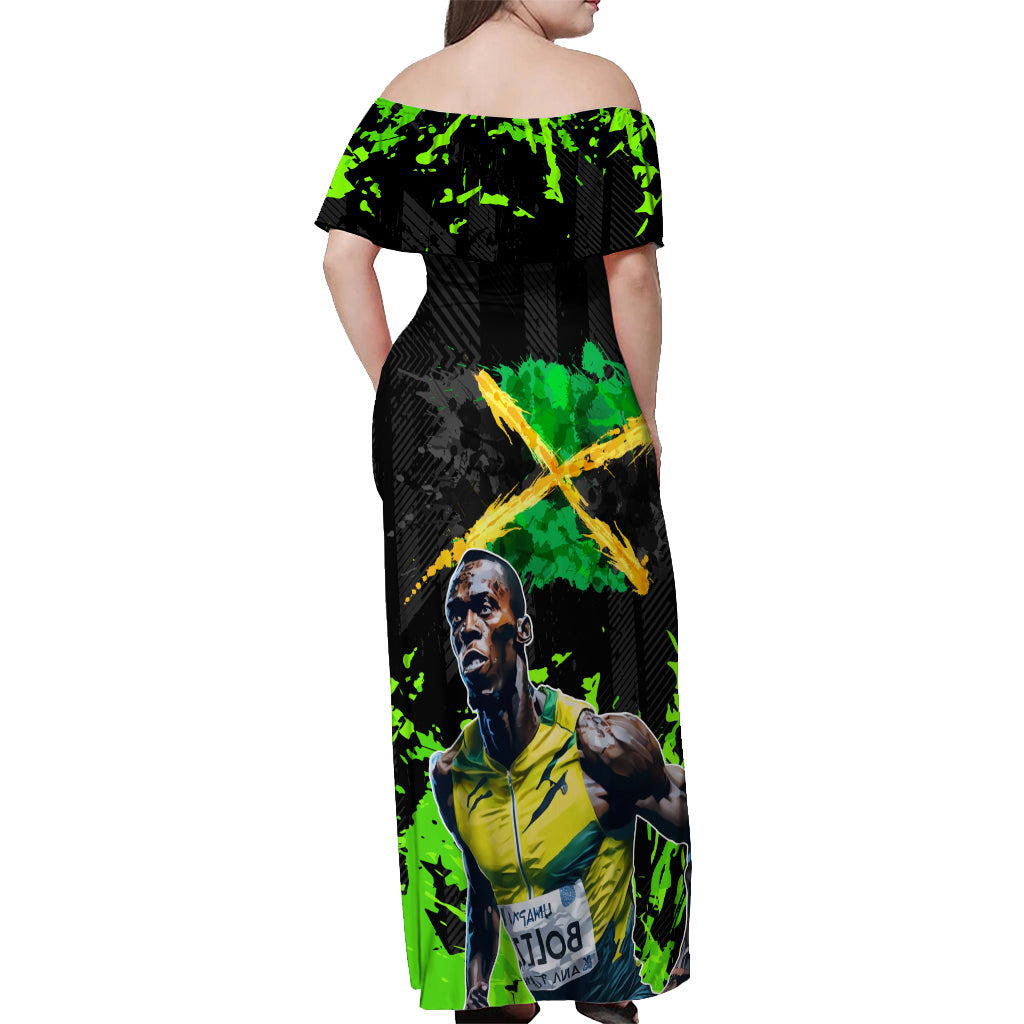 Jamaica Lightning Bolt Off Shoulder Maxi Dress Proud of Jumieka Splash Style Black Color - Wonder Print Shop