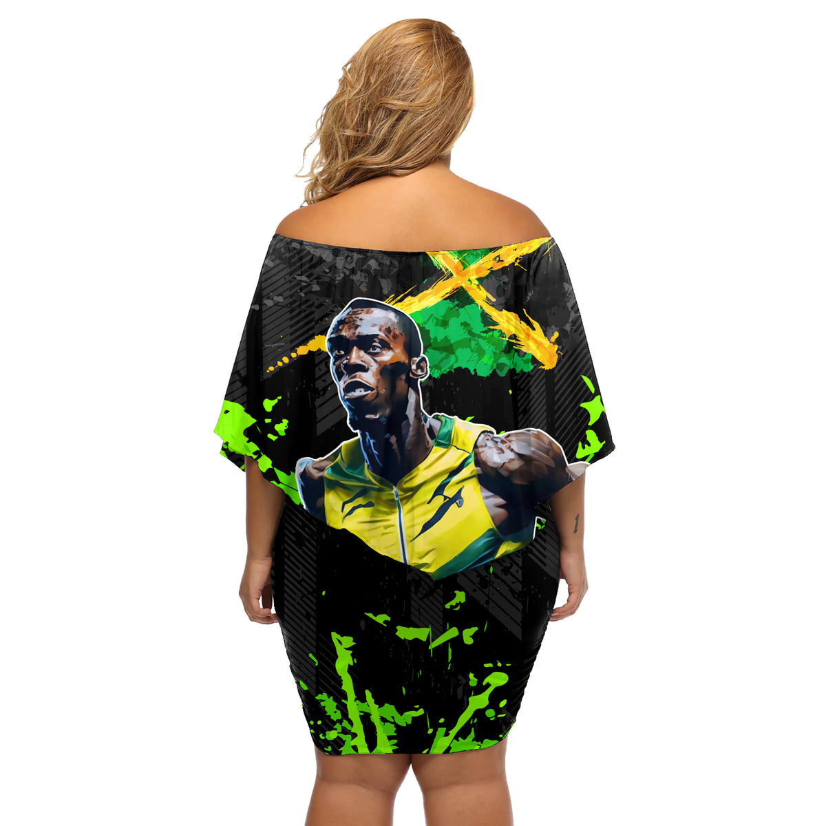 Jamaica Lightning Bolt Off Shoulder Short Dress Proud of Jumieka Splash Style Black Color - Wonder Print Shop