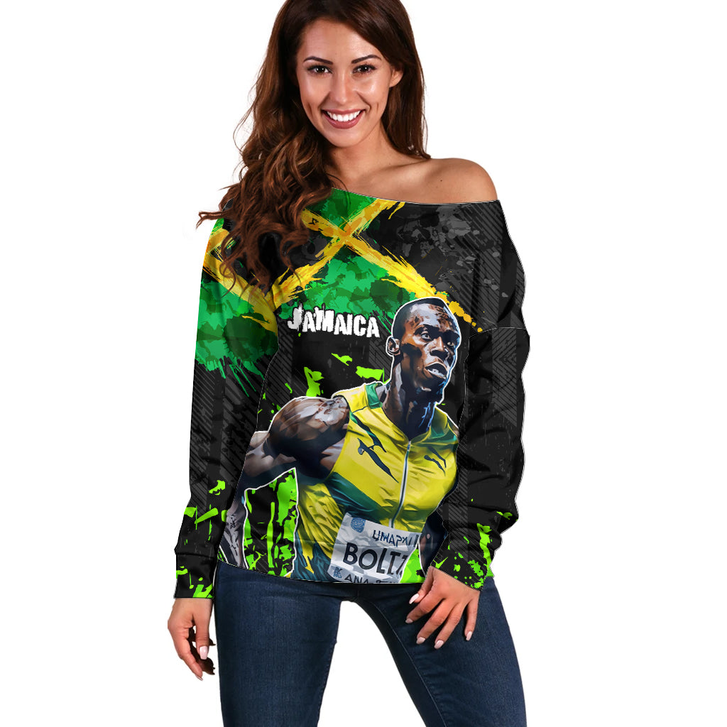 Jamaica Lightning Bolt Off Shoulder Sweater Proud of Jumieka Splash Style Black Color - Wonder Print Shop