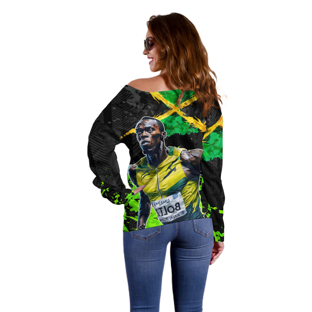 Jamaica Lightning Bolt Off Shoulder Sweater Proud of Jumieka Splash Style Black Color - Wonder Print Shop