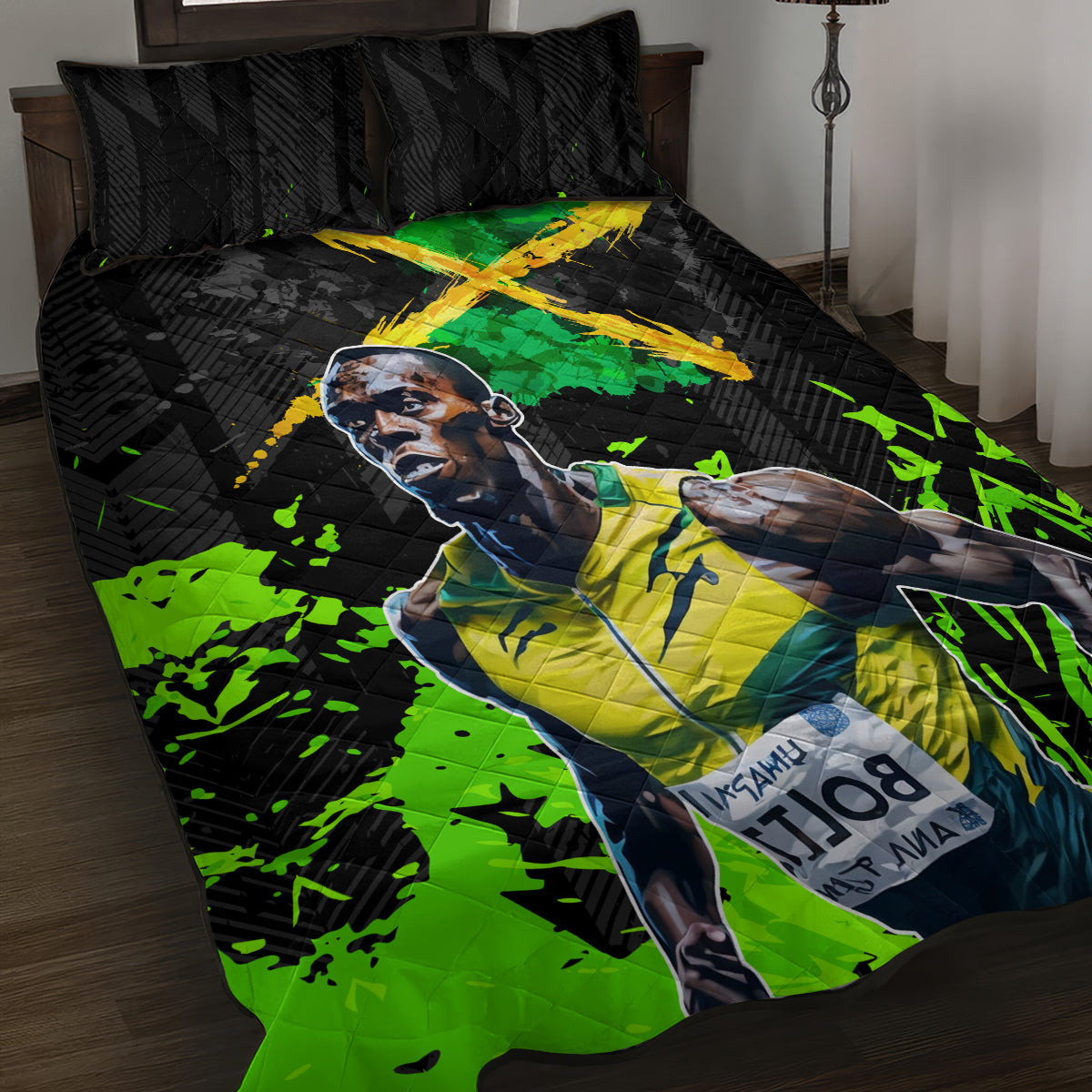 Jamaica Lightning Bolt Quilt Bed Set Proud of Jumieka Splash Style Black Color - Wonder Print Shop