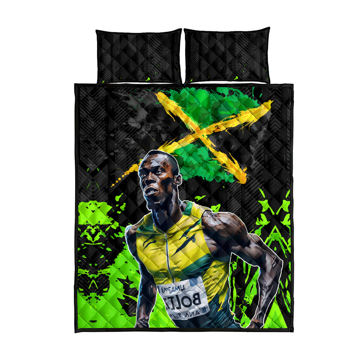 Jamaica Lightning Bolt Quilt Bed Set Proud of Jumieka Splash Style Black Color - Wonder Print Shop