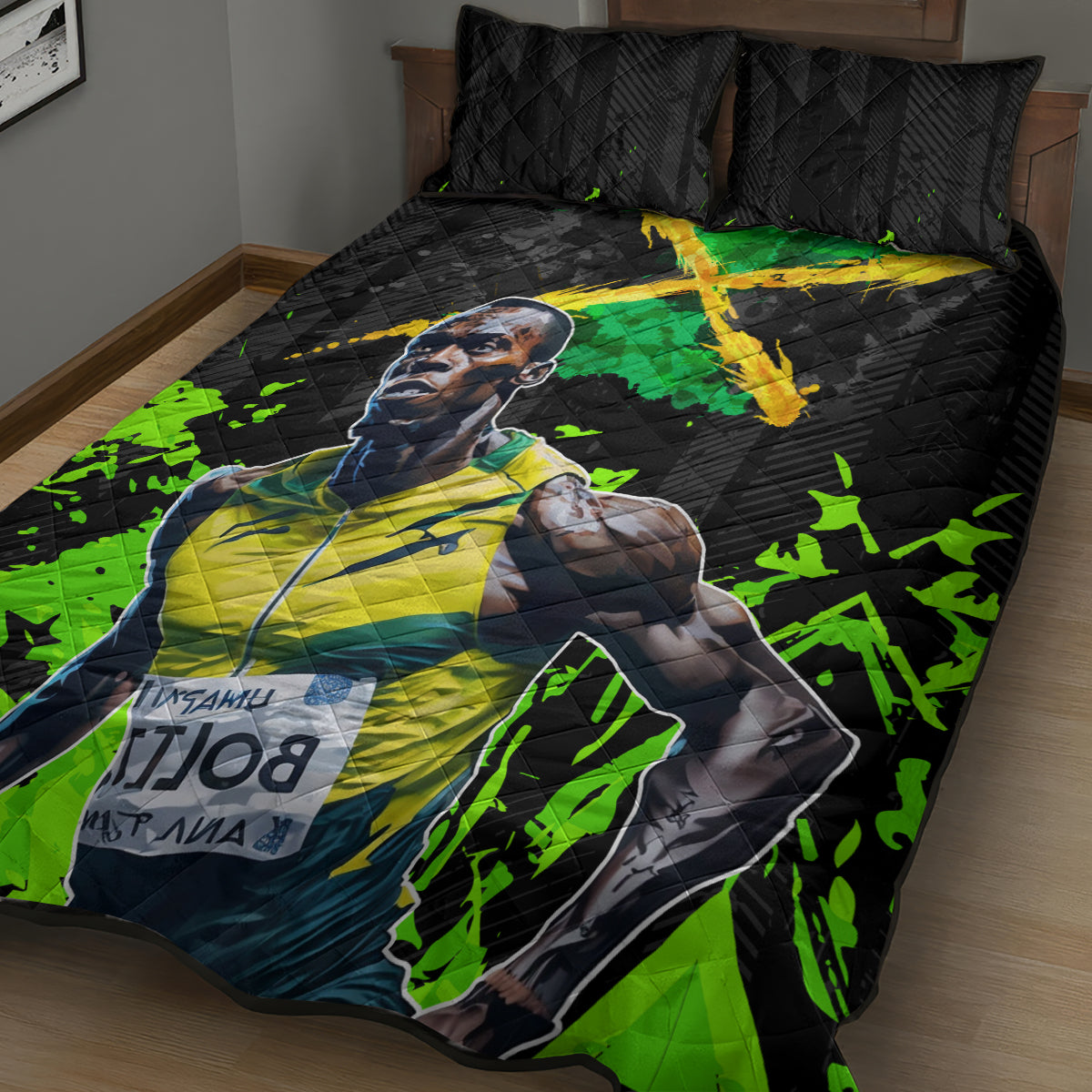 Jamaica Lightning Bolt Quilt Bed Set Proud of Jumieka Splash Style Black Color - Wonder Print Shop