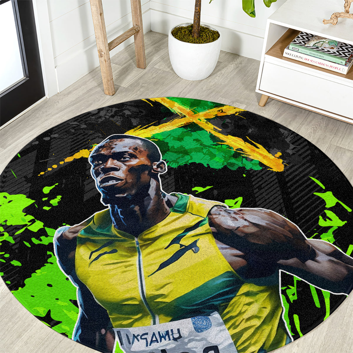 Jamaica Lightning Bolt Round Carpet Proud of Jumieka Splash Style Black Color