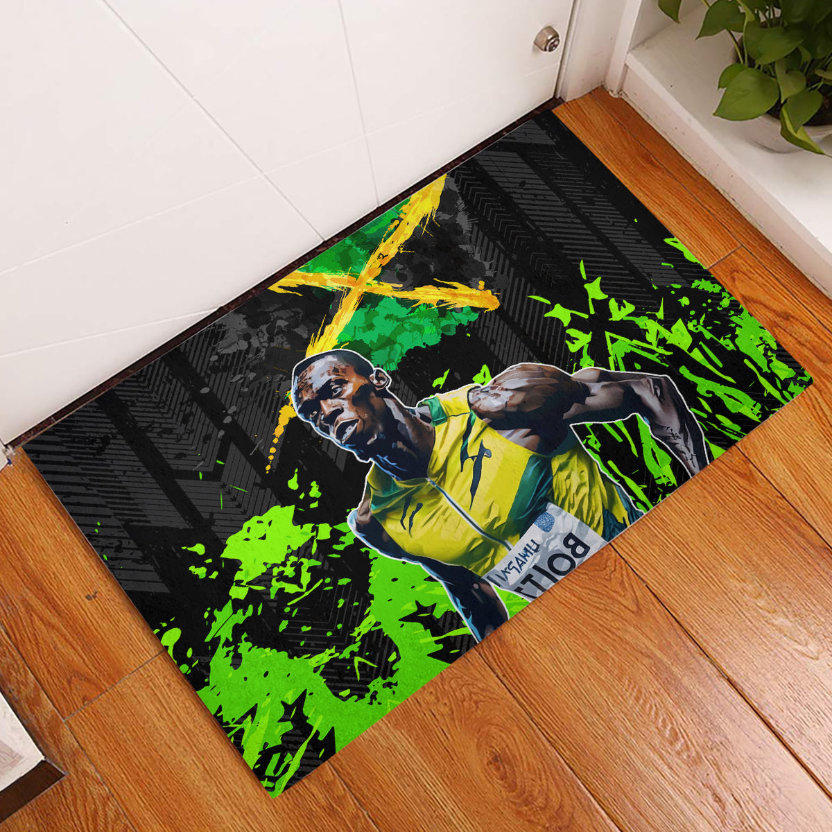 Jamaica Lightning Bolt Rubber Doormat Proud of Jumieka Splash Style Black Color - Wonder Print Shop