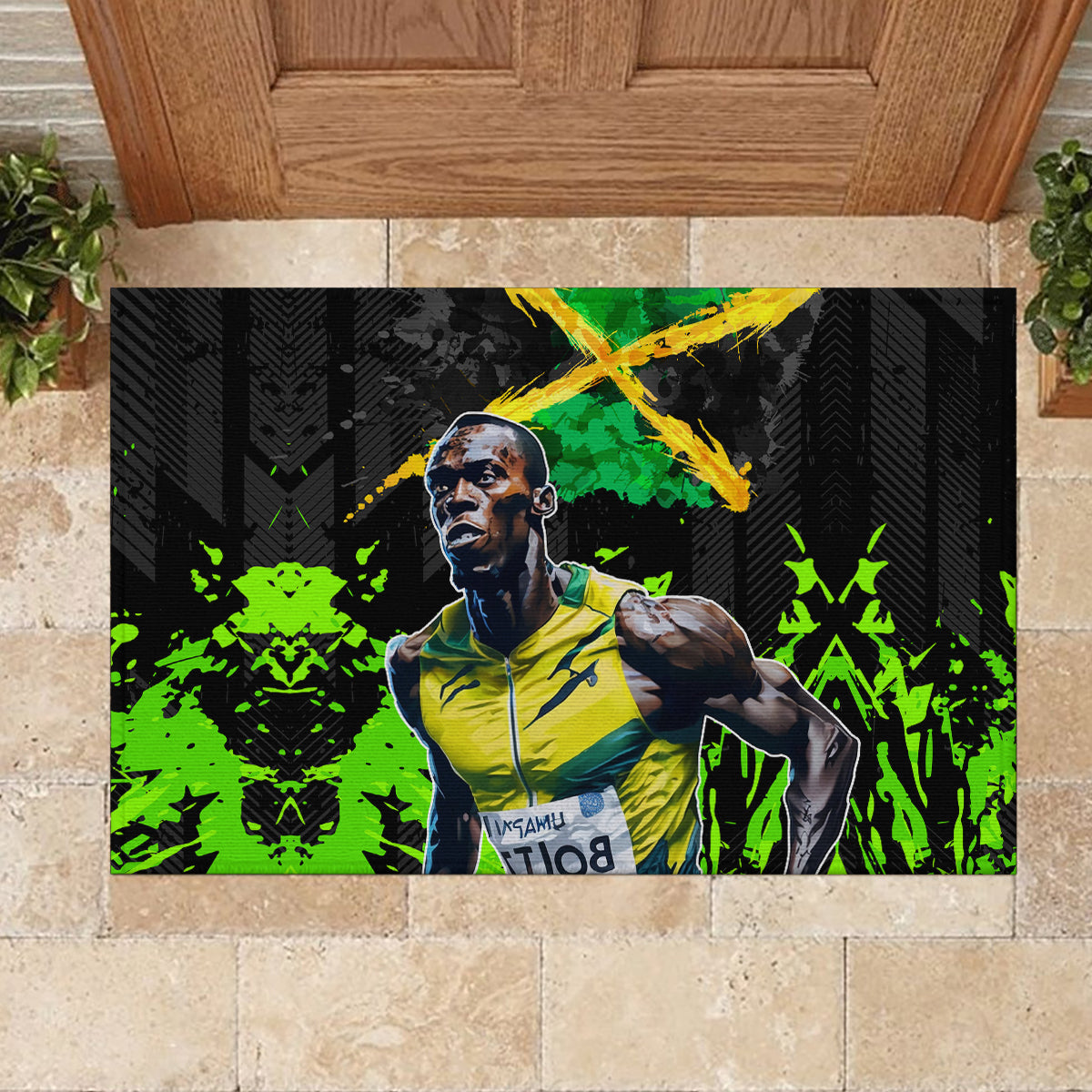 Jamaica Lightning Bolt Rubber Doormat Proud of Jumieka Splash Style Black Color - Wonder Print Shop