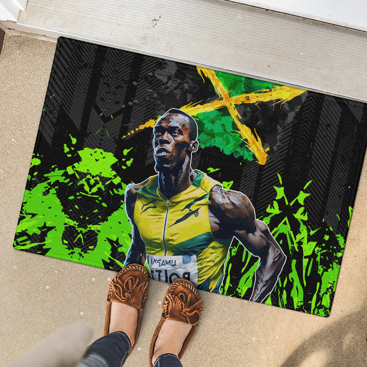 Jamaica Lightning Bolt Rubber Doormat Proud of Jumieka Splash Style Black Color - Wonder Print Shop