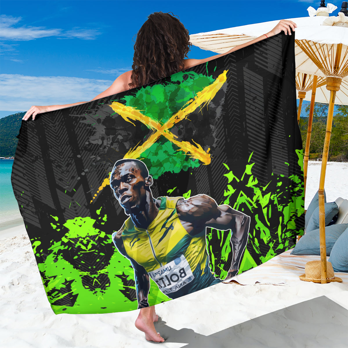 Jamaica Lightning Bolt Sarong Proud of Jumieka Splash Style Black Color