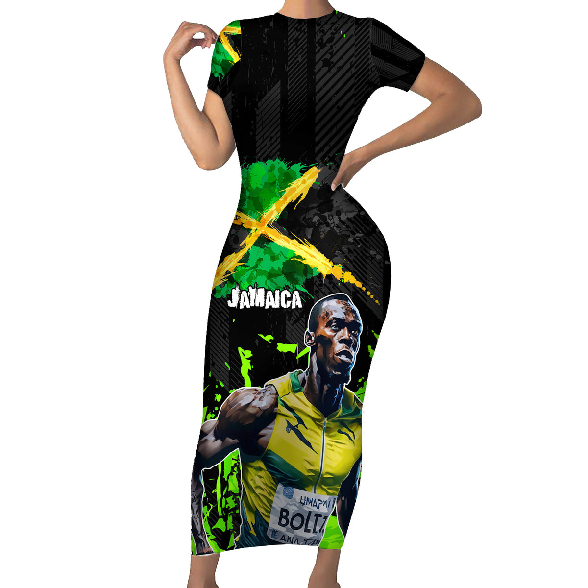 Jamaica Lightning Bolt Short Sleeve Bodycon Dress Proud of Jumieka Splash Style Black Color - Wonder Print Shop