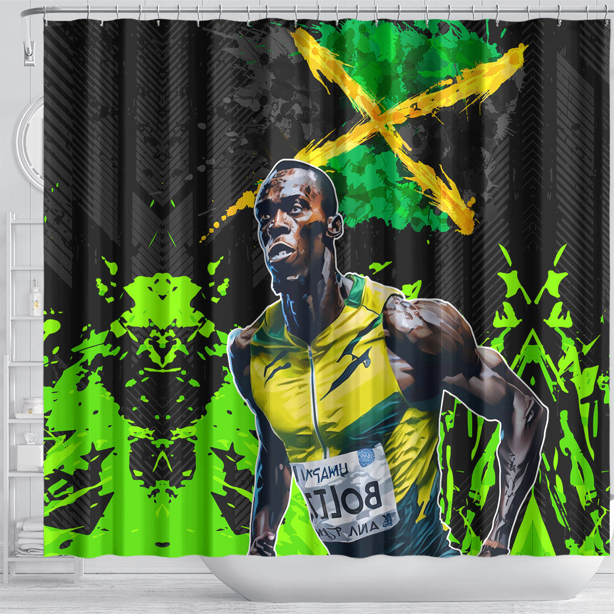 Jamaica Lightning Bolt Shower Curtain Proud of Jumieka Splash Style Black Color
