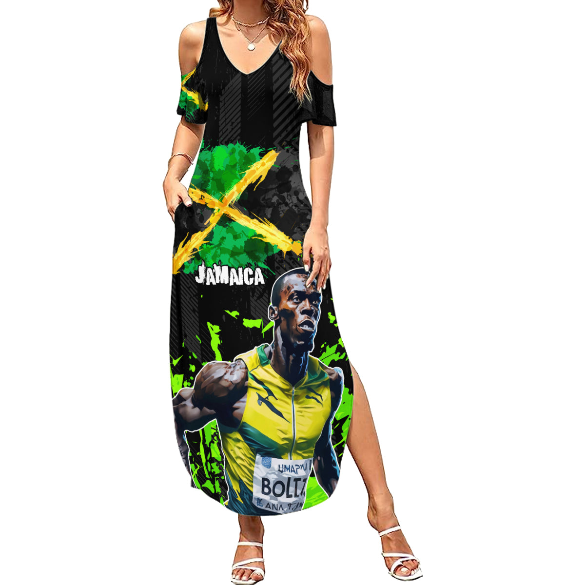 Jamaica Lightning Bolt Summer Maxi Dress Proud of Jumieka Splash Style Black Color - Wonder Print Shop