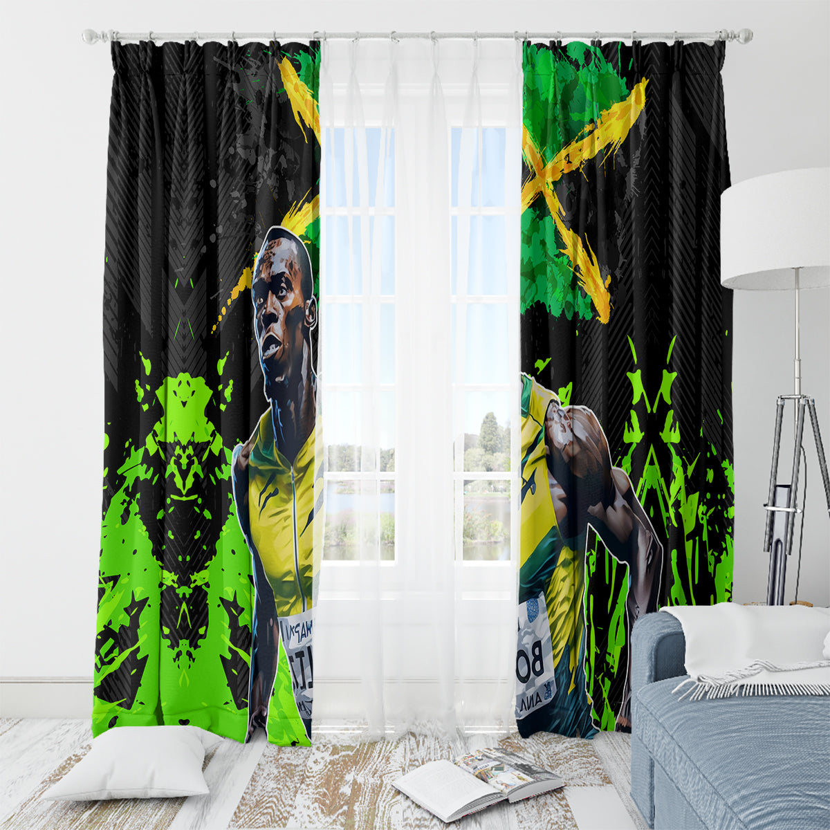 Jamaica Lightning Bolt Window Curtain Proud of Jumieka Splash Style Black Color - Wonder Print Shop