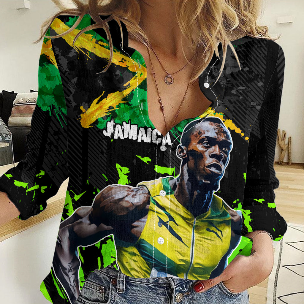 Jamaica Lightning Bolt Women Casual Shirt Proud of Jumieka Splash Style Black Color - Wonder Print Shop