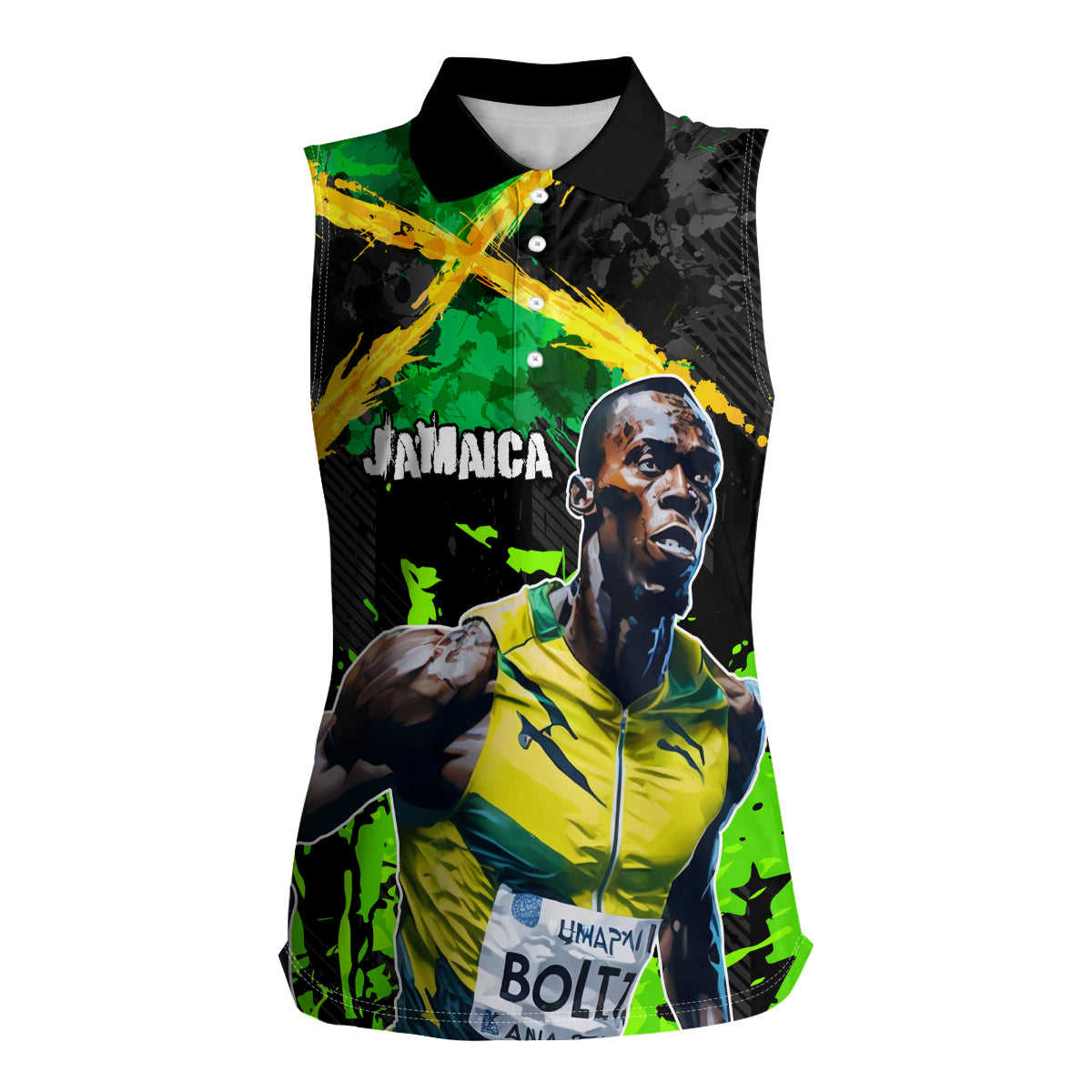 Jamaica Lightning Bolt Women Sleeveless Polo Shirt Proud of Jumieka Splash Style Black Color - Wonder Print Shop