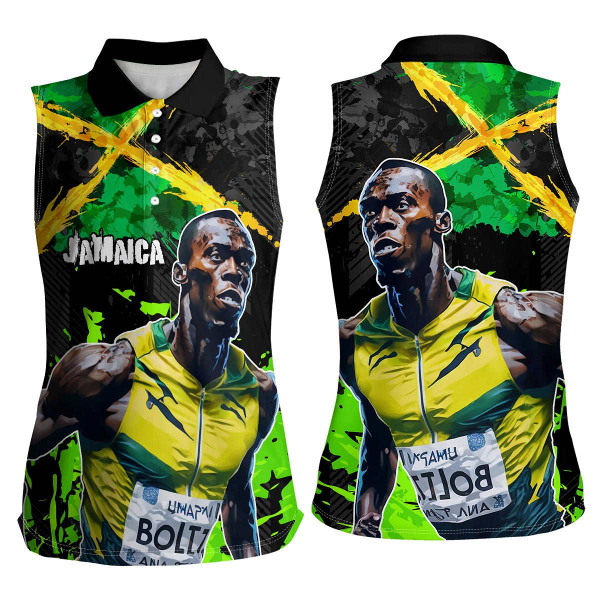 Jamaica Lightning Bolt Women Sleeveless Polo Shirt Proud of Jumieka Splash Style Black Color - Wonder Print Shop