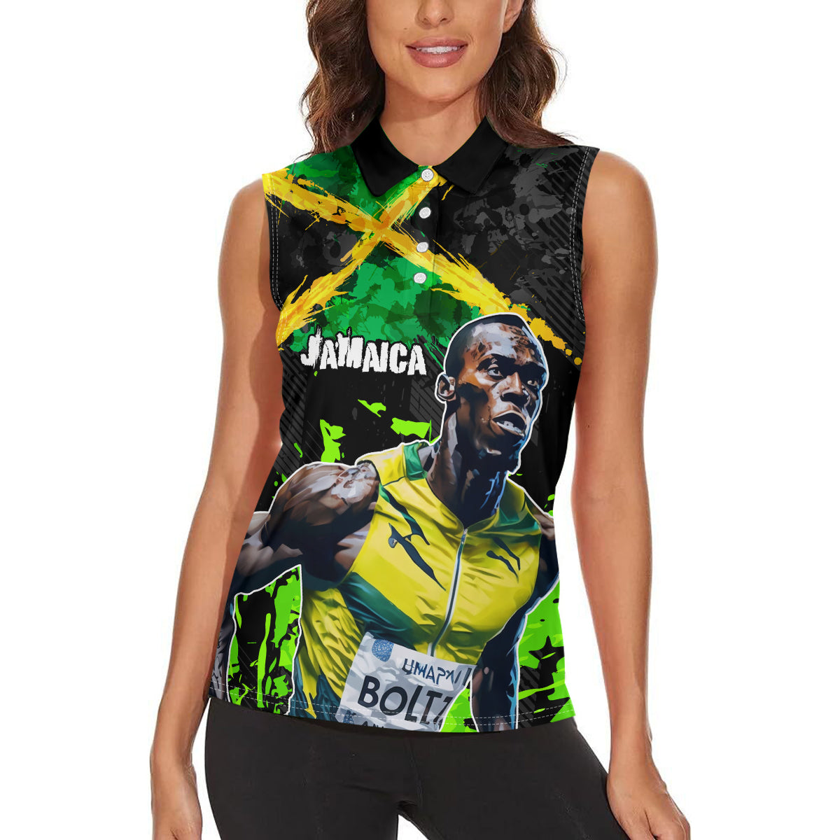 Jamaica Lightning Bolt Women Sleeveless Polo Shirt Proud of Jumieka Splash Style Black Color - Wonder Print Shop