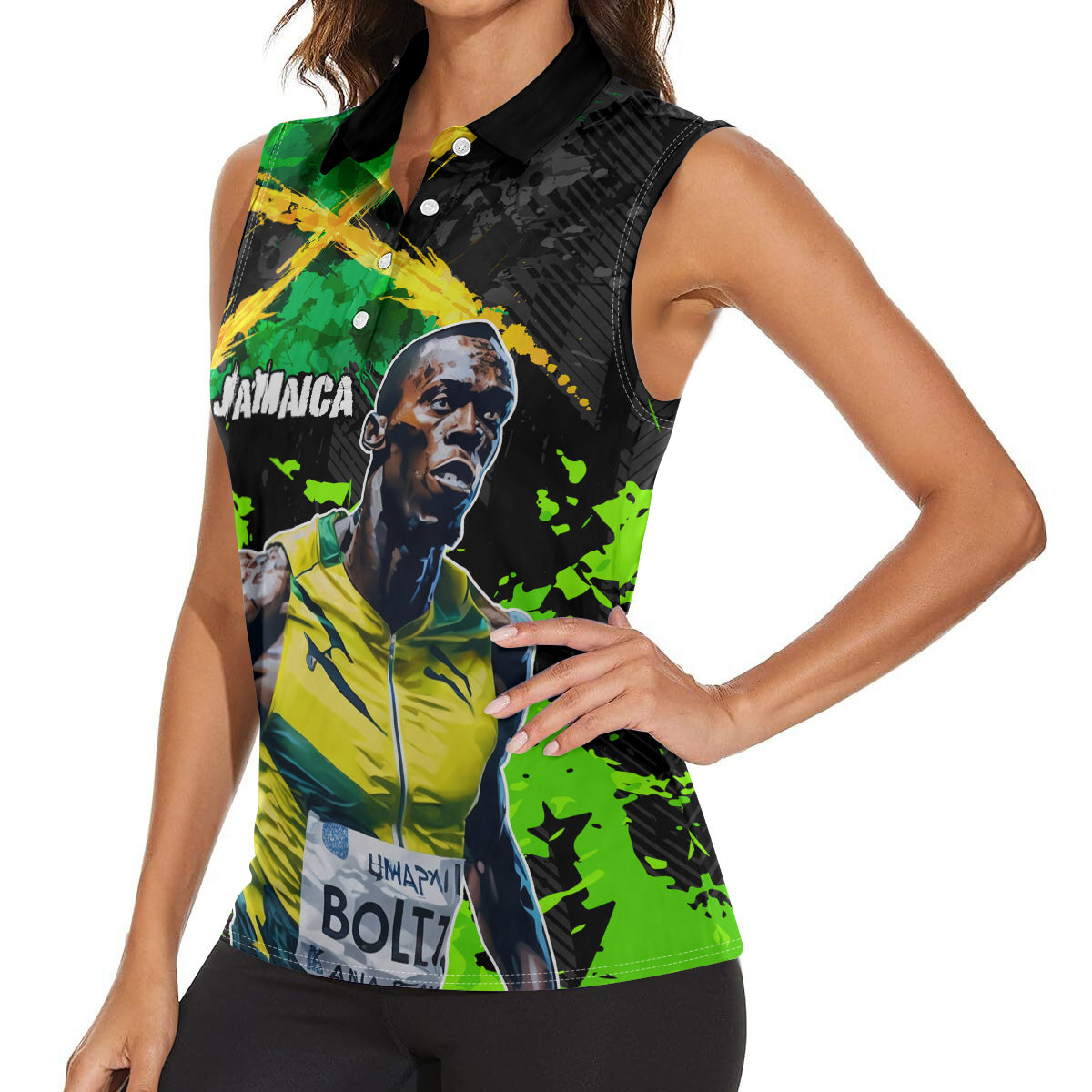 Jamaica Lightning Bolt Women Sleeveless Polo Shirt Proud of Jumieka Splash Style Black Color - Wonder Print Shop
