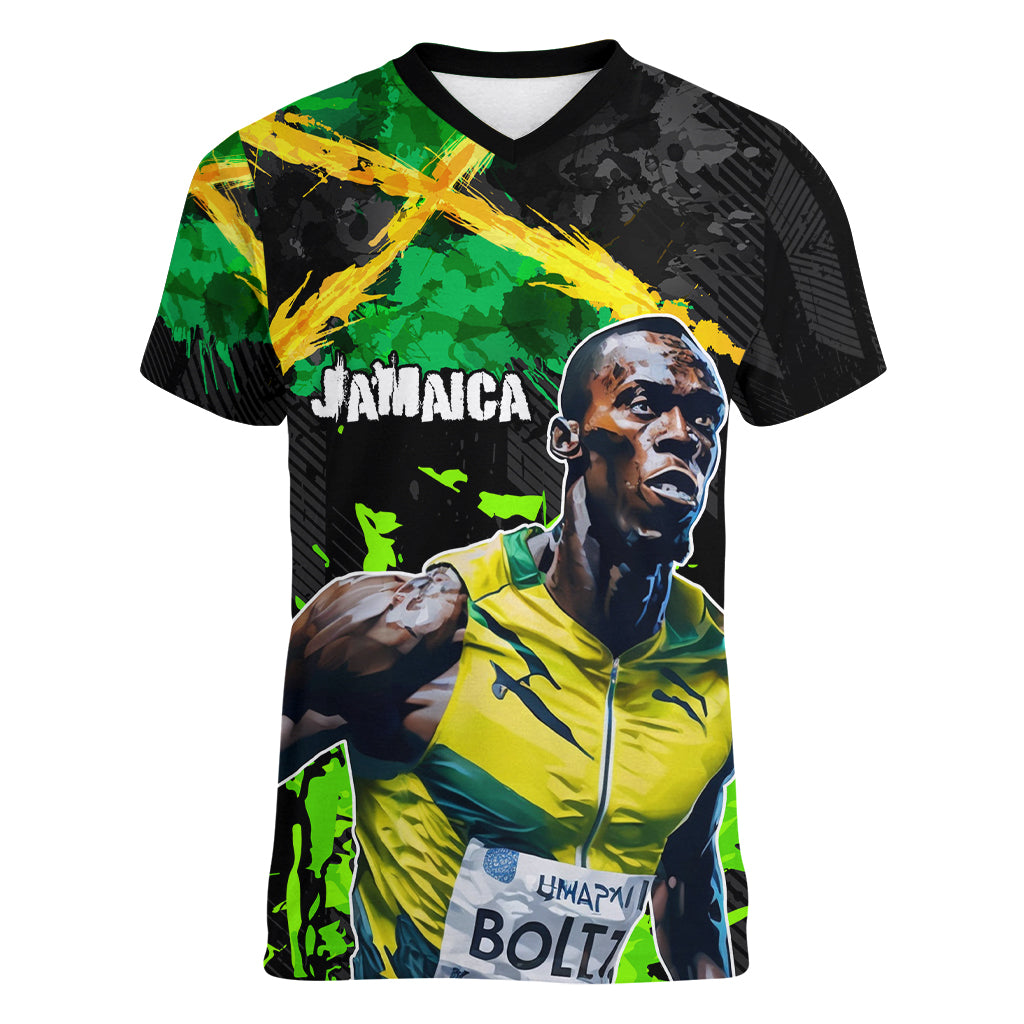 Jamaica Lightning Bolt Women V-Neck T-Shirt Proud of Jumieka Splash Style Black Color - Wonder Print Shop