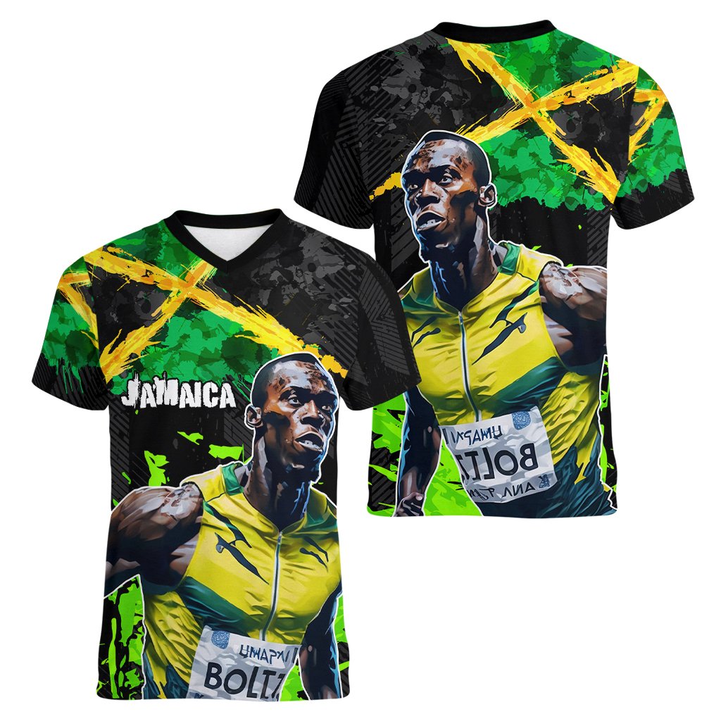 Jamaica Lightning Bolt Women V-Neck T-Shirt Proud of Jumieka Splash Style Black Color - Wonder Print Shop