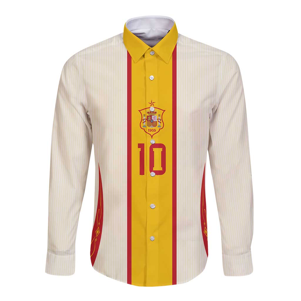 Custom Spain National Football Long Sleeve Button Shirt Pinstripe Flag with Royal Crest