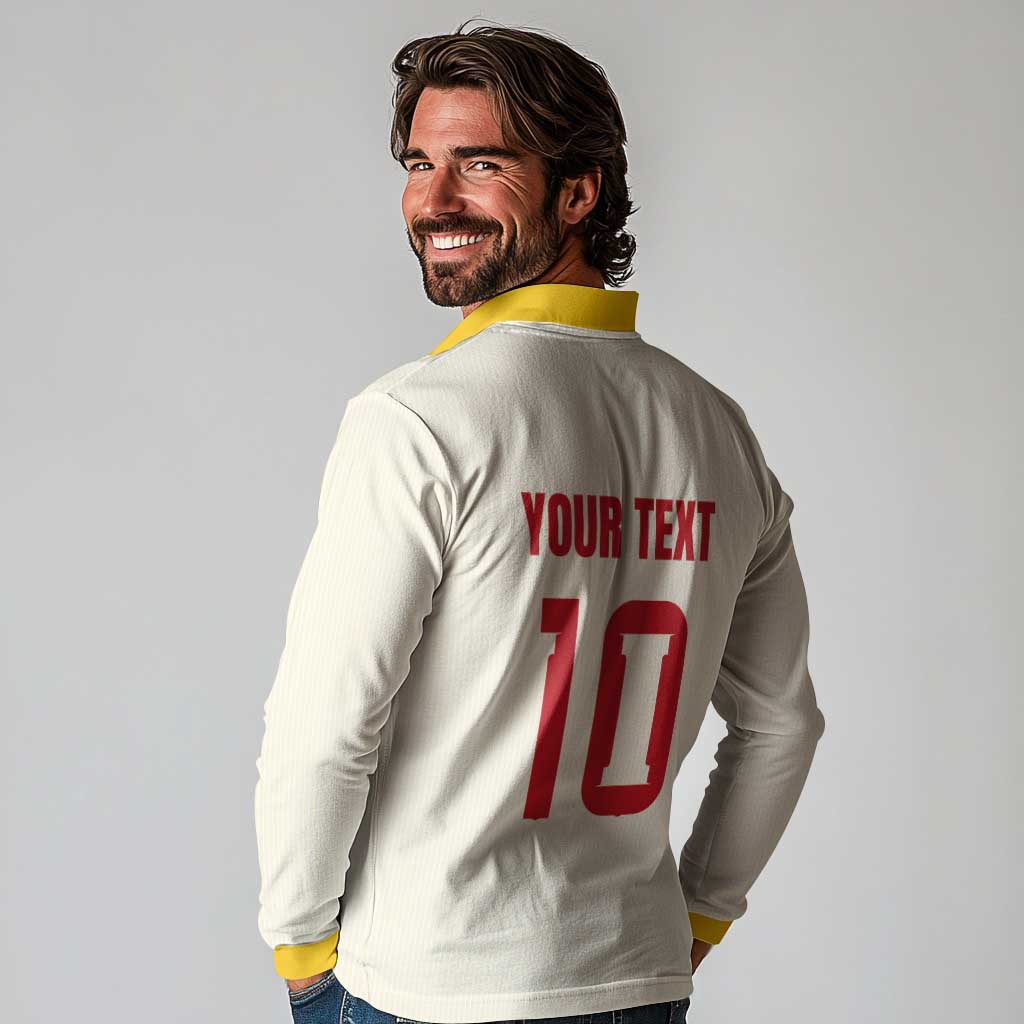 Custom Spain National Football Long Sleeve Polo Shirt Pinstripe Flag with Royal Crest