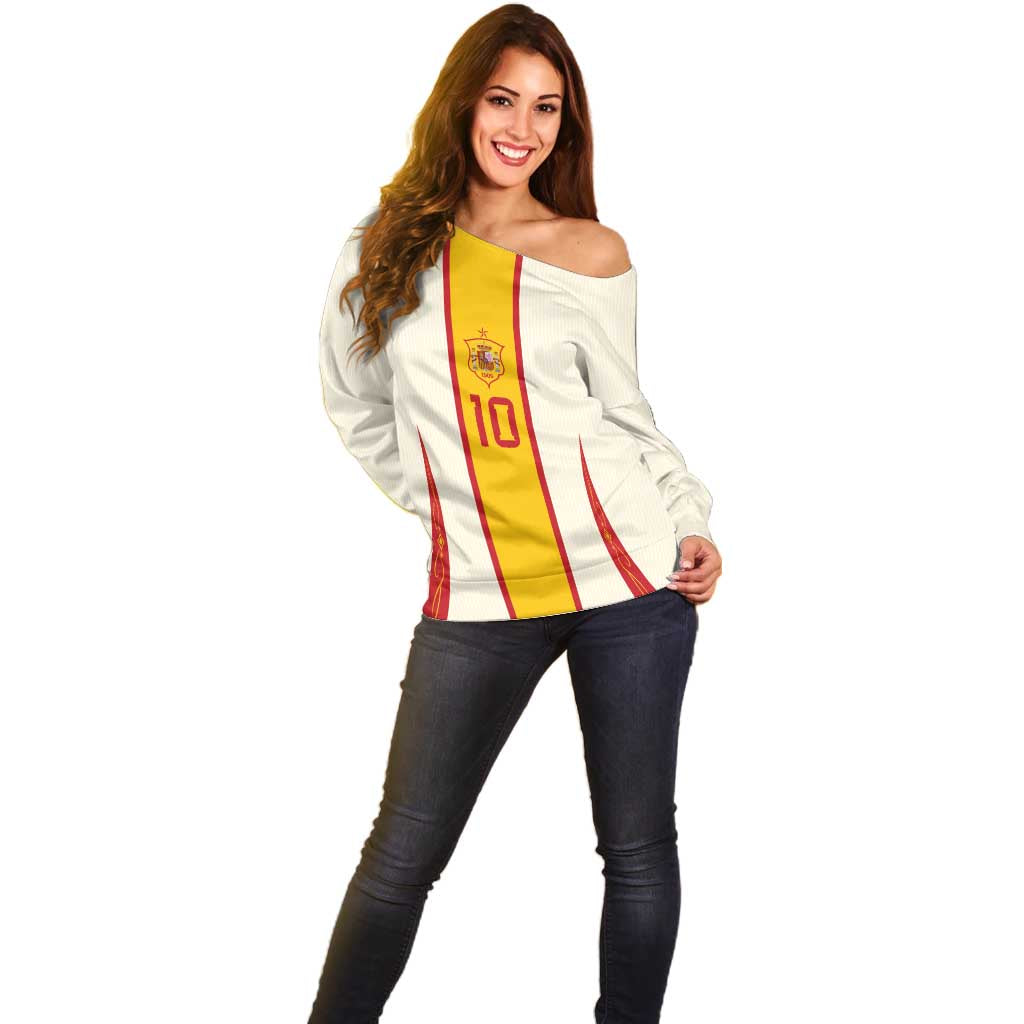 Custom Spain National Football Off Shoulder Sweater Pinstripe Flag with Royal Crest
