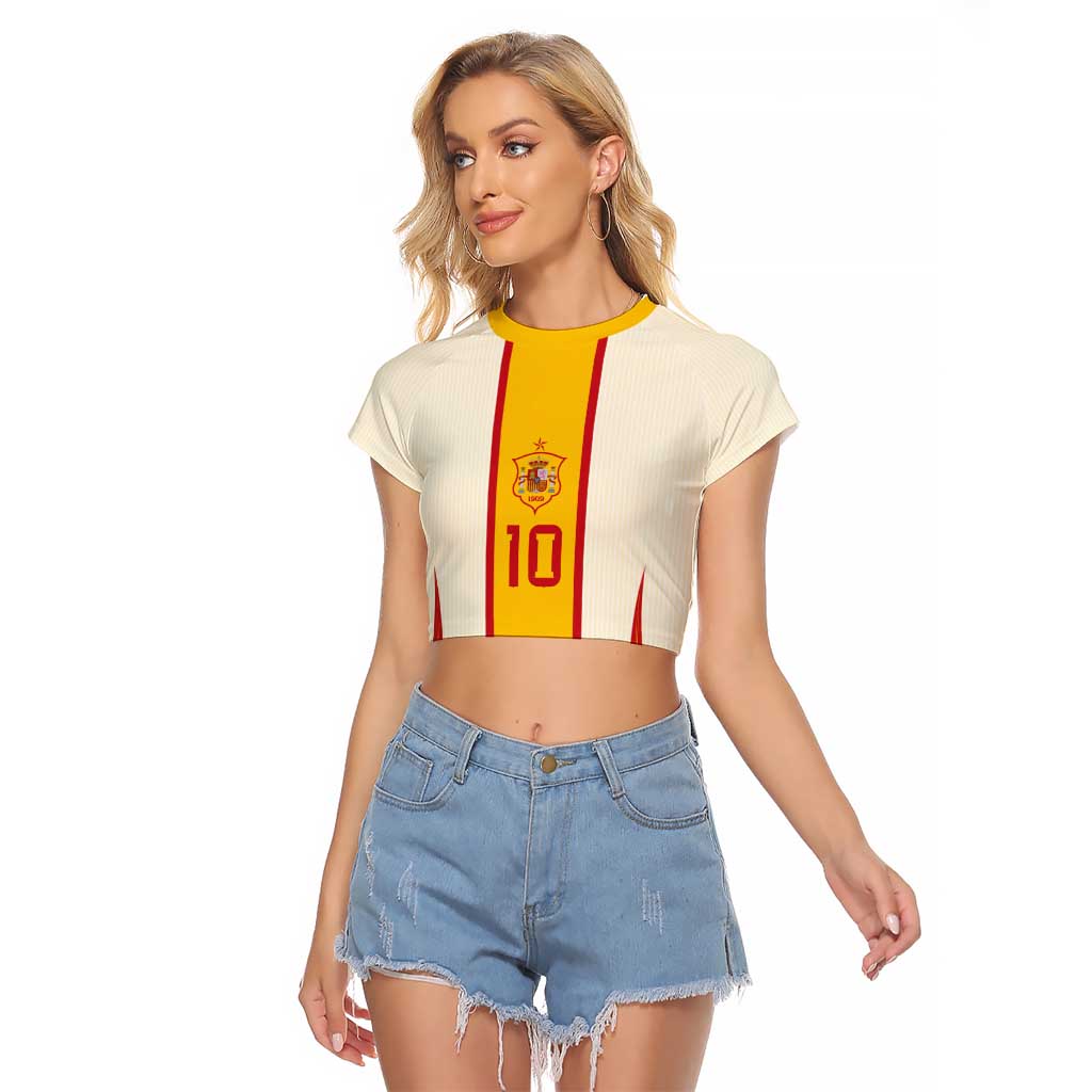 Custom Spain National Football Raglan Cropped T Shirt Pinstripe Flag with Royal Crest