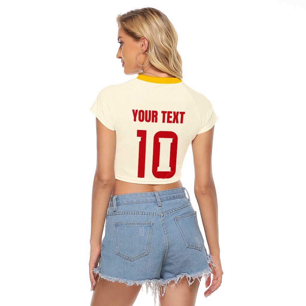 Custom Spain National Football Raglan Cropped T Shirt Pinstripe Flag with Royal Crest