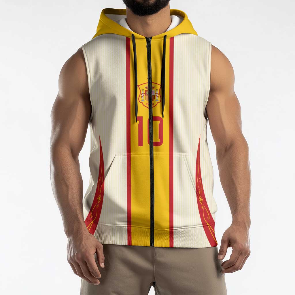 Custom Spain National Football Sleeveless Zip Hoodie Pinstripe Flag with Royal Crest