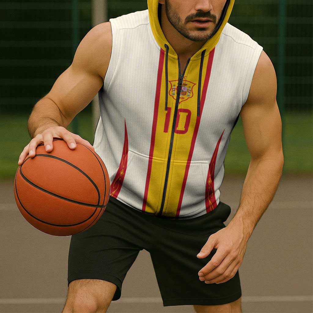 Custom Spain National Football Sleeveless Zip Hoodie Pinstripe Flag with Royal Crest