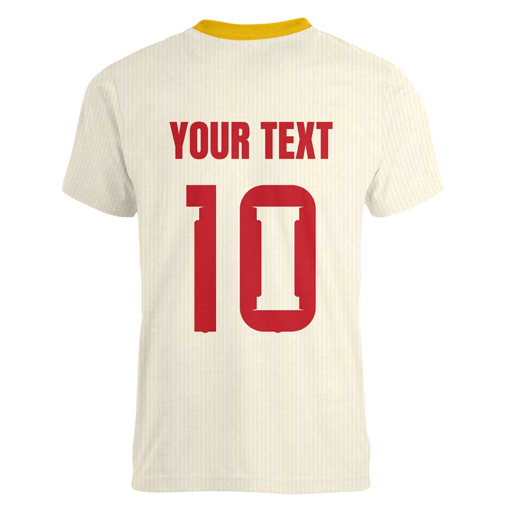 Custom Spain National Football Women V-Neck T-Shirt Pinstripe Flag with Royal Crest
