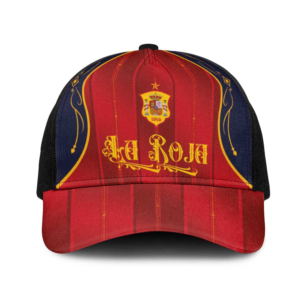 Spain La Roja Football Baseball Net Cap Vintage Gothic Typography And Royal Crest Pinstripe Design