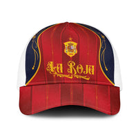 Spain La Roja Football Baseball Net Cap Vintage Gothic Typography And Royal Crest Pinstripe Design