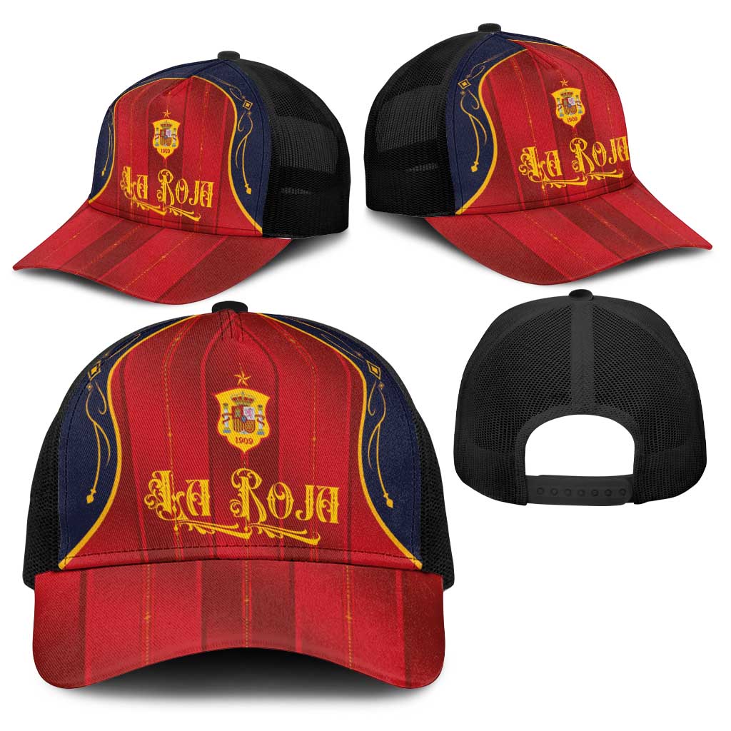 Spain La Roja Football Baseball Net Cap Vintage Gothic Typography And Royal Crest Pinstripe Design