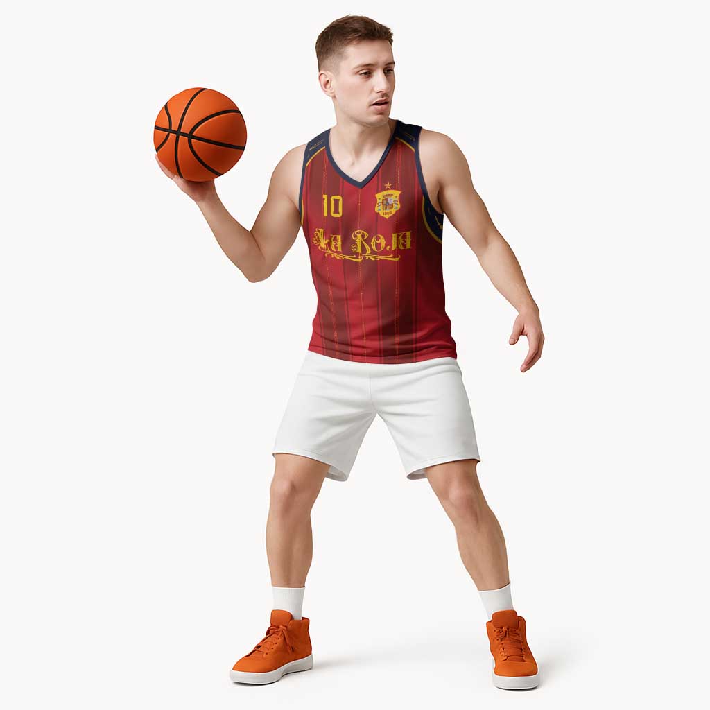 Custom Spain La Roja Football Basketball Jersey Gothic Typography Royal Crest Pinstripe