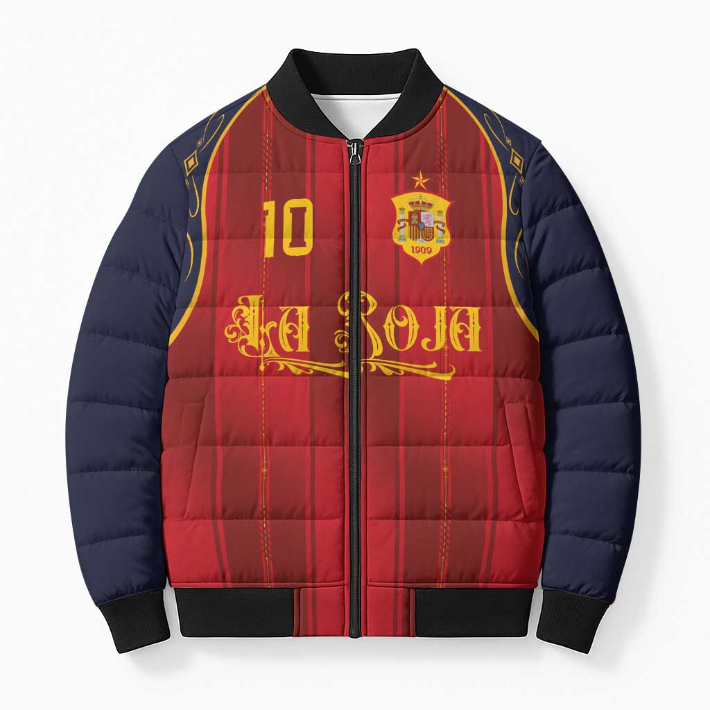 Custom Spain La Roja Football Bomber Puffer Jacket Gothic Typography Royal Crest Pinstripe