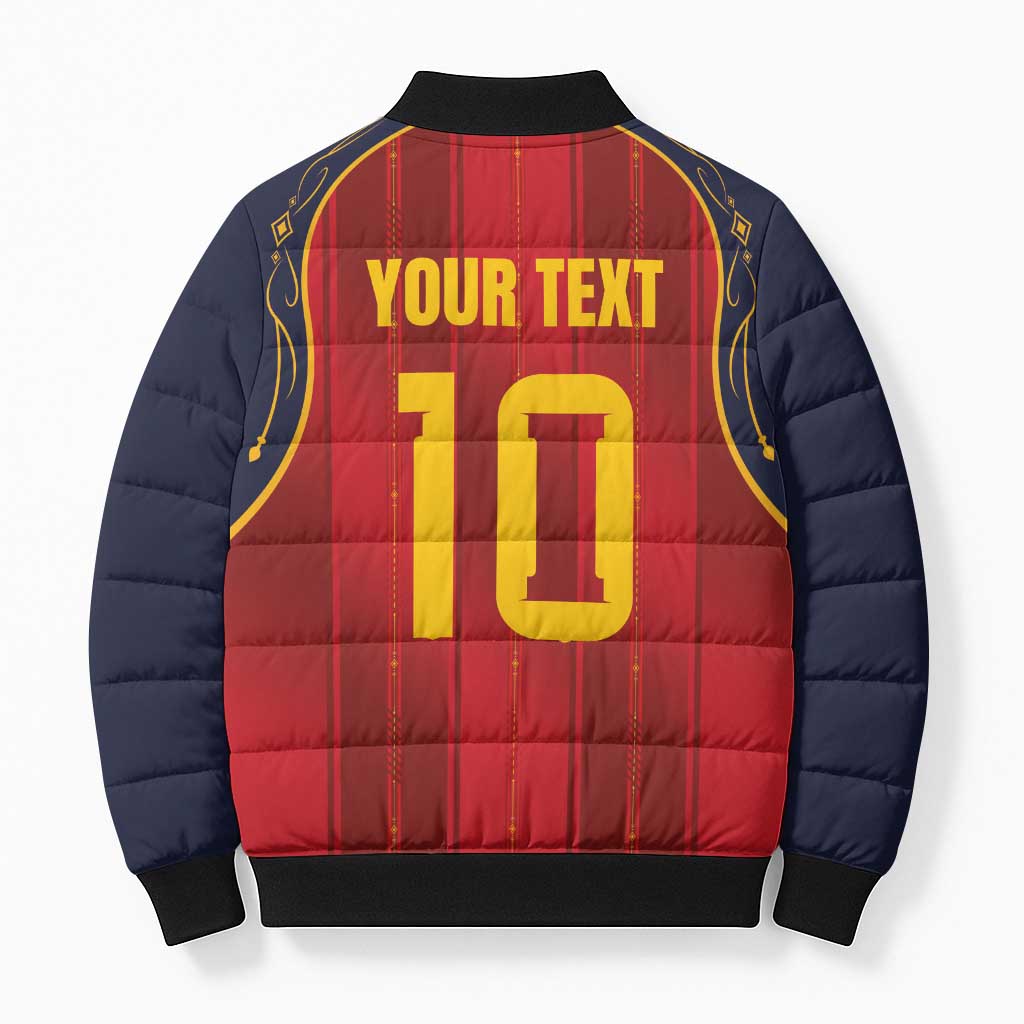 Custom Spain La Roja Football Bomber Puffer Jacket Gothic Typography Royal Crest Pinstripe