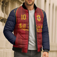 Custom Spain La Roja Football Bomber Puffer Jacket Gothic Typography Royal Crest Pinstripe