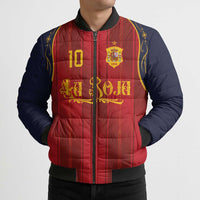 Custom Spain La Roja Football Bomber Puffer Jacket Gothic Typography Royal Crest Pinstripe