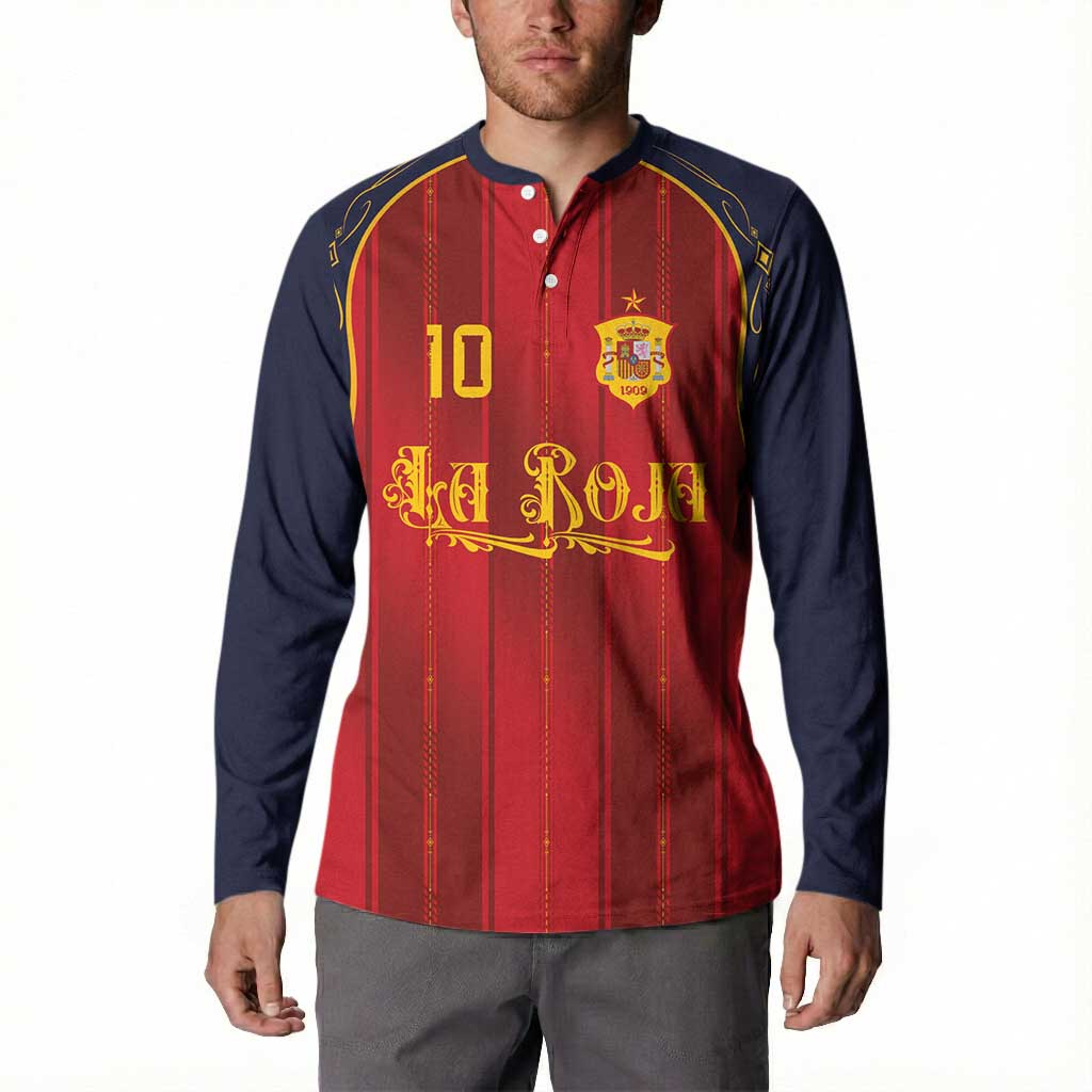 Custom Spain La Roja Football Button Sweatshirt Gothic Typography Royal Crest Pinstripe