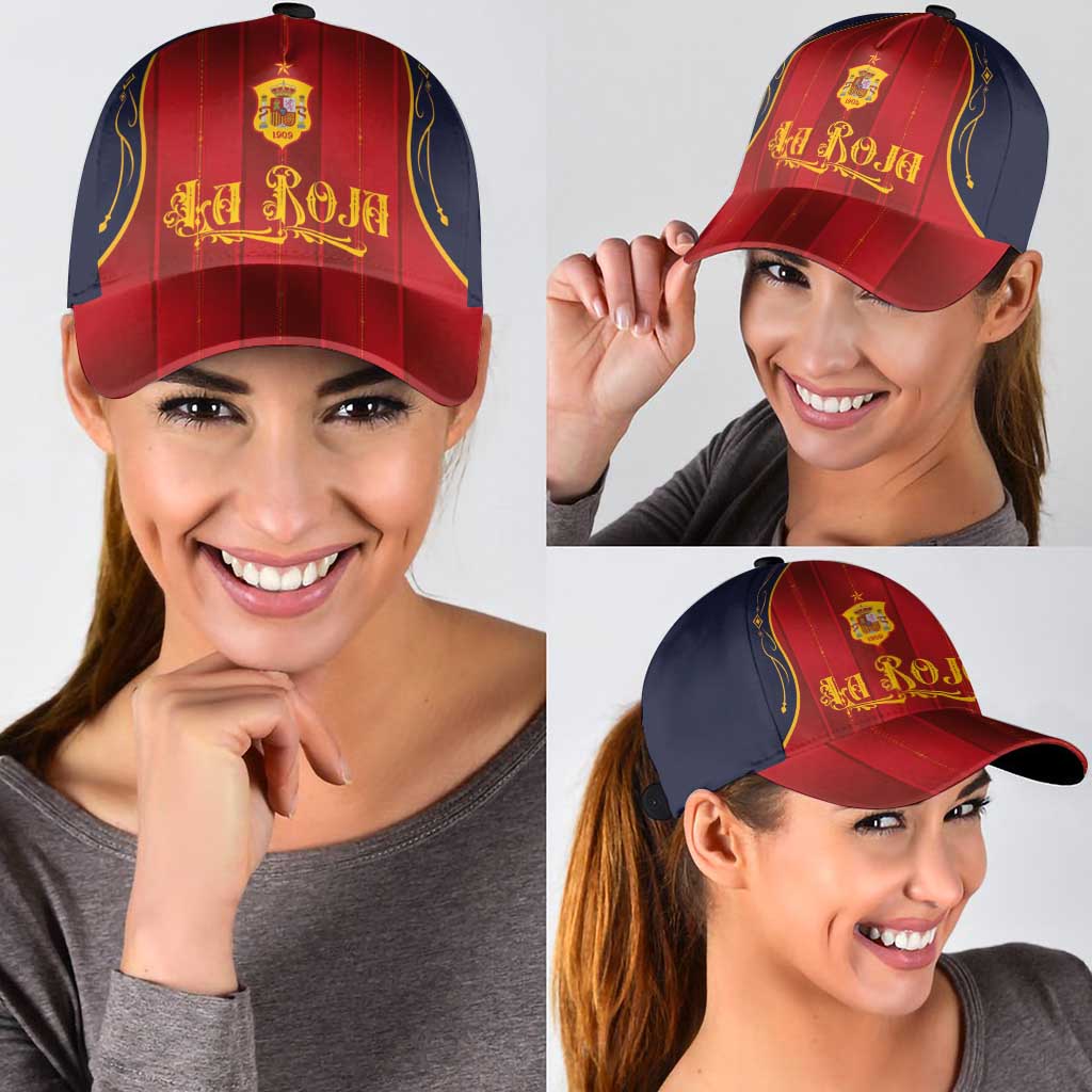 Spain La Roja Football Classic Cap Vintage Gothic Typography And Royal Crest Pinstripe Design